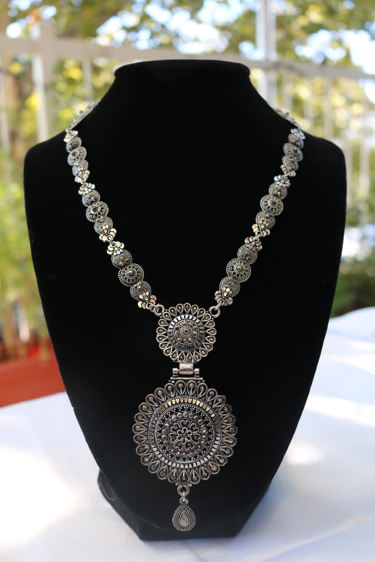 Long oxidized hot sale silver necklace