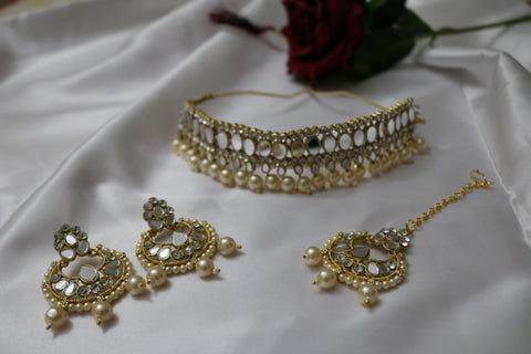 Shramya Mirror Necklace Earrings Maang Tikka Set Indian Wedding Jewelry Set for Women