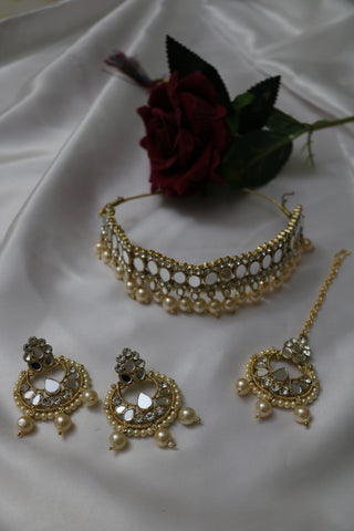 Shramya Mirror Necklace Earrings Maang Tikka Set Indian Wedding Jewelry Set for Women