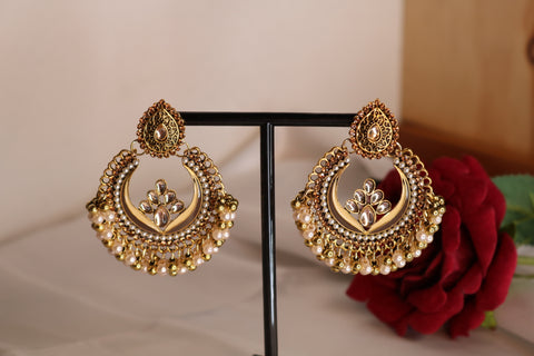 Shramya Gold Plated Indian Wedding Bollywood Pearl Beaded Earrings for Women