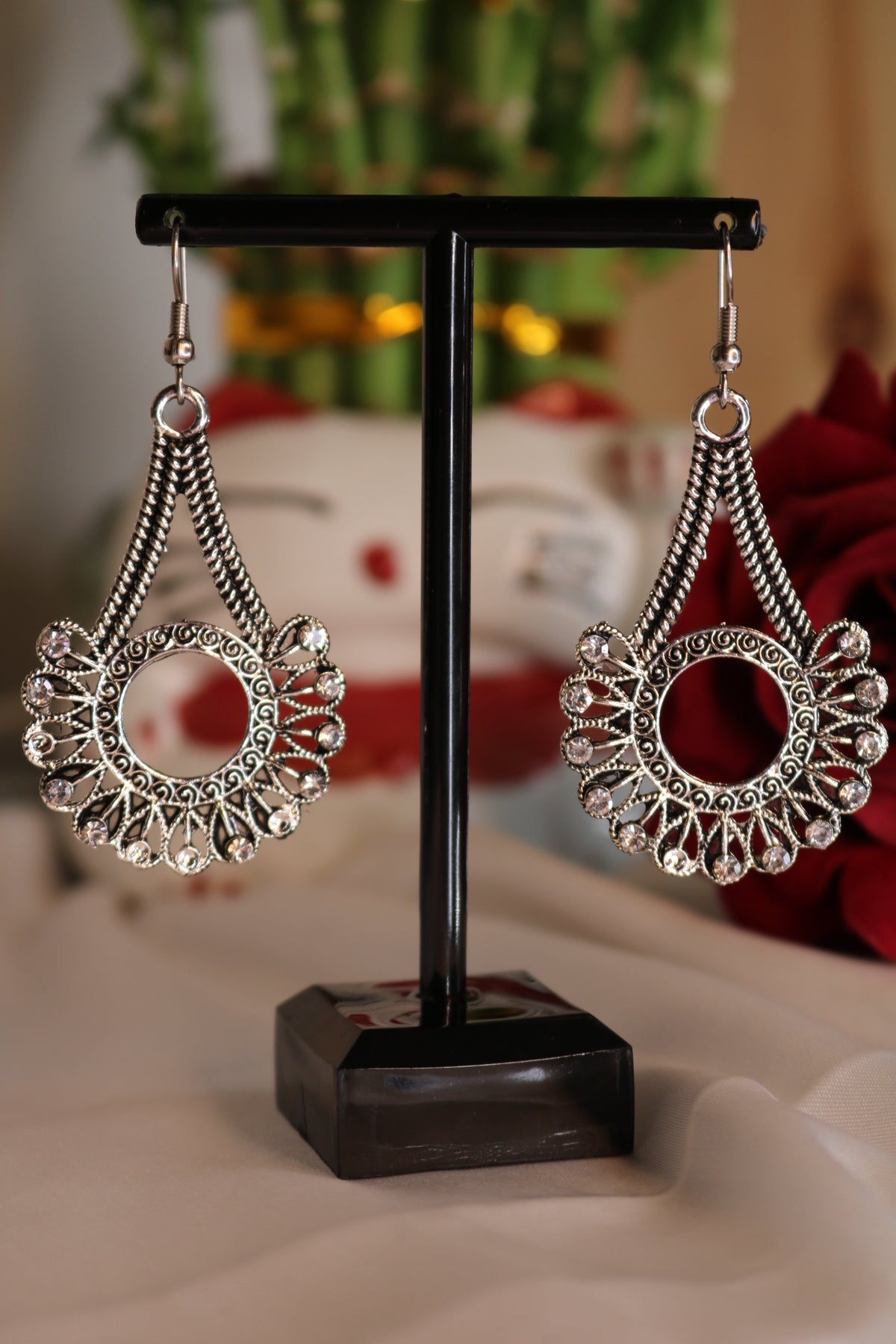 Shramya Oxidized Silver Plated Designer with Rhinestone Earring