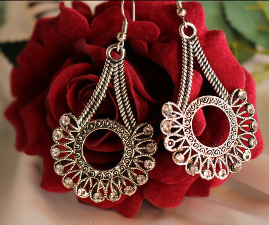 Shramya Oxidized Silver Plated Designer with Rhinestone Earring