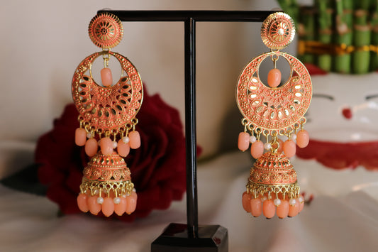 Shramya Pahal Jadau Peach Pearl Earring/ Jhumka /Jhumki with Beaded Tassel Ethnic