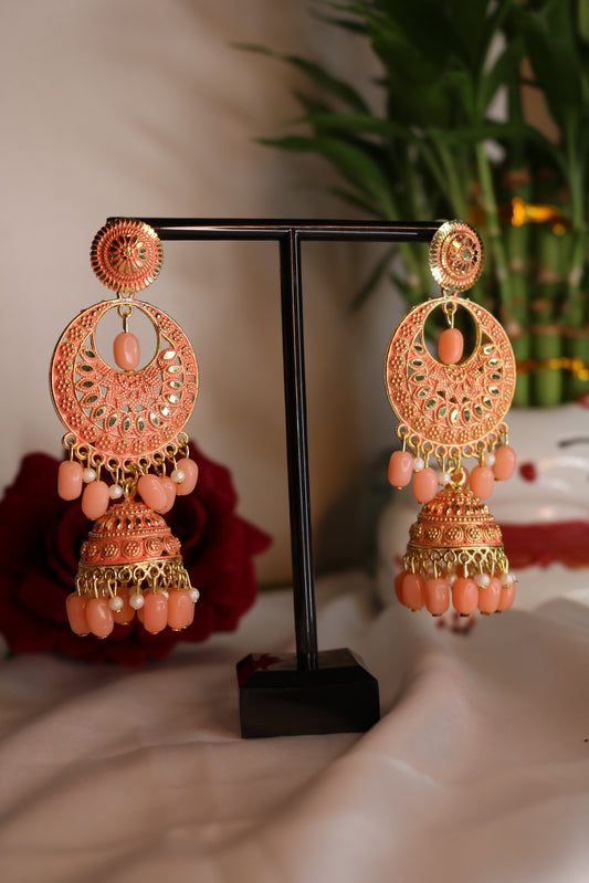 Shramya Pahal Jadau Peach Pearl Earring/ Jhumka /Jhumki with Beaded Tassel Ethnic