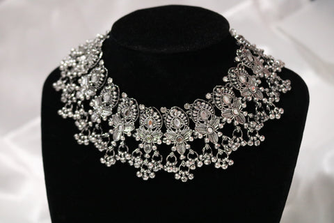 Shramya Oxidised silver-toned Afghani Turkish Choker Necklace & Earring Set