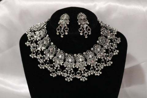 Shramya Oxidised silver-toned Afghani Turkish Choker Necklace & Earring Set