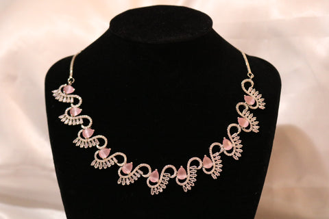 Shramya Pink Stone Designer Statement Necklace | Silver Plated AD Necklace Set | CZ Jewelry Set