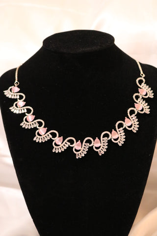 Shramya Pink Stone Designer Statement Necklace | Silver Plated AD Necklace Set | CZ Jewelry Set