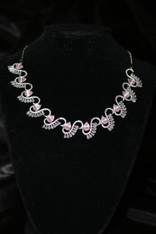 Shramya Pink Stone Designer Statement Necklace | Silver Plated AD Necklace Set | CZ Jewelry Set