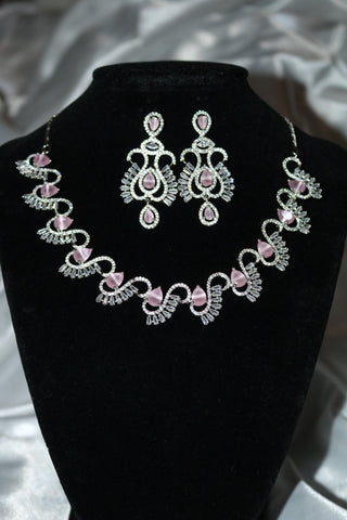 Shramya Pink Stone Designer Statement Necklace | Silver Plated AD Necklace Set | CZ Jewelry Set