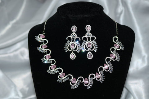 Shramya Pink Stone Designer Statement Necklace | Silver Plated AD Necklace Set | CZ Jewelry Set