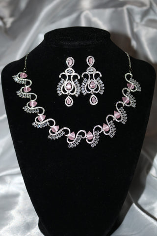 Shramya Pink Stone Designer Statement Necklace | Silver Plated AD Necklace Set | CZ Jewelry Set