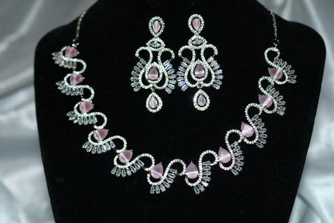 Shramya Pink Stone Designer Statement Necklace | Silver Plated AD Necklace Set | CZ Jewelry Set