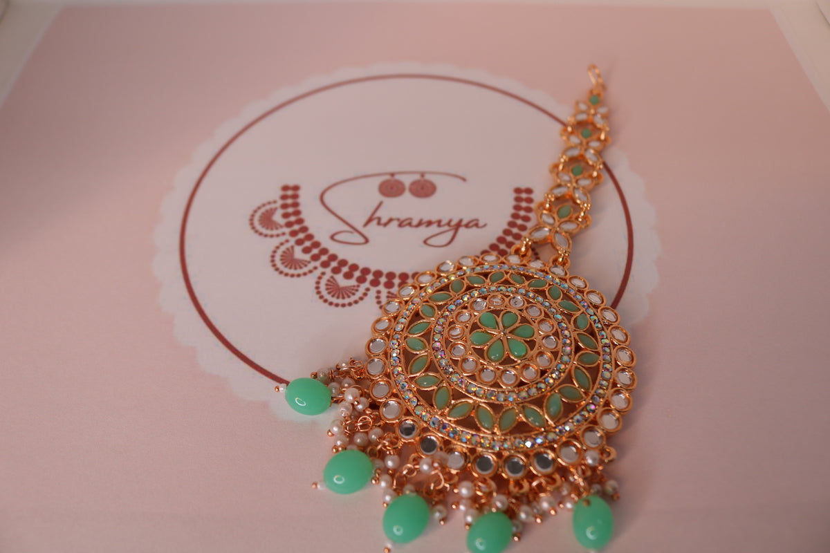 Shramya Big Polki Mint Green Kundan Maang Tikka - Traditional Bridal Jewelry