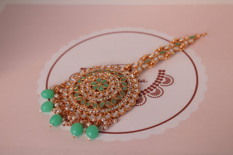 Shramya Big Polki Mint Green Kundan Maang Tikka - Traditional Bridal Jewelry