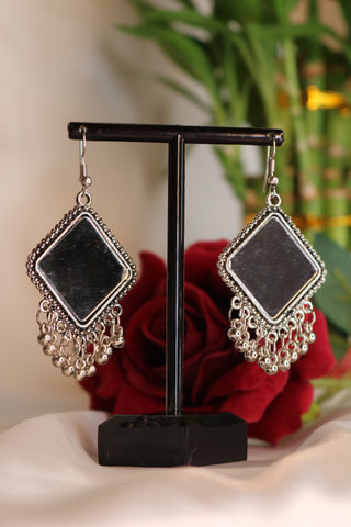 Shramya Diamond Shaped Oxidized German Silver Mirror Dangle Earring