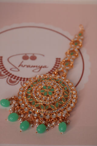 Shramya Big Polki Mint Green Kundan Maang Tikka - Traditional Bridal Jewelry