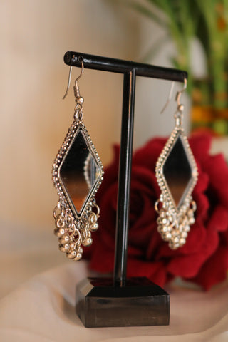 Shramya Diamond Shaped Oxidized German Silver Mirror Dangle Earring