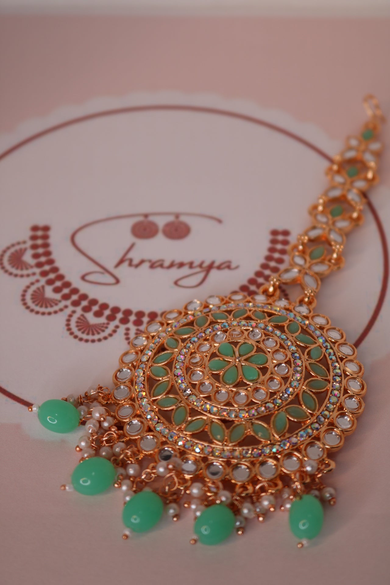 Floral Design Mint Green Gold Kundan Choker set with maang Tikka