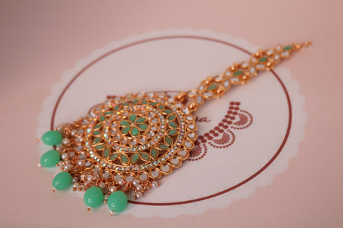 Shramya Big Polki Mint Green Kundan Maang Tikka - Traditional Bridal Jewelry